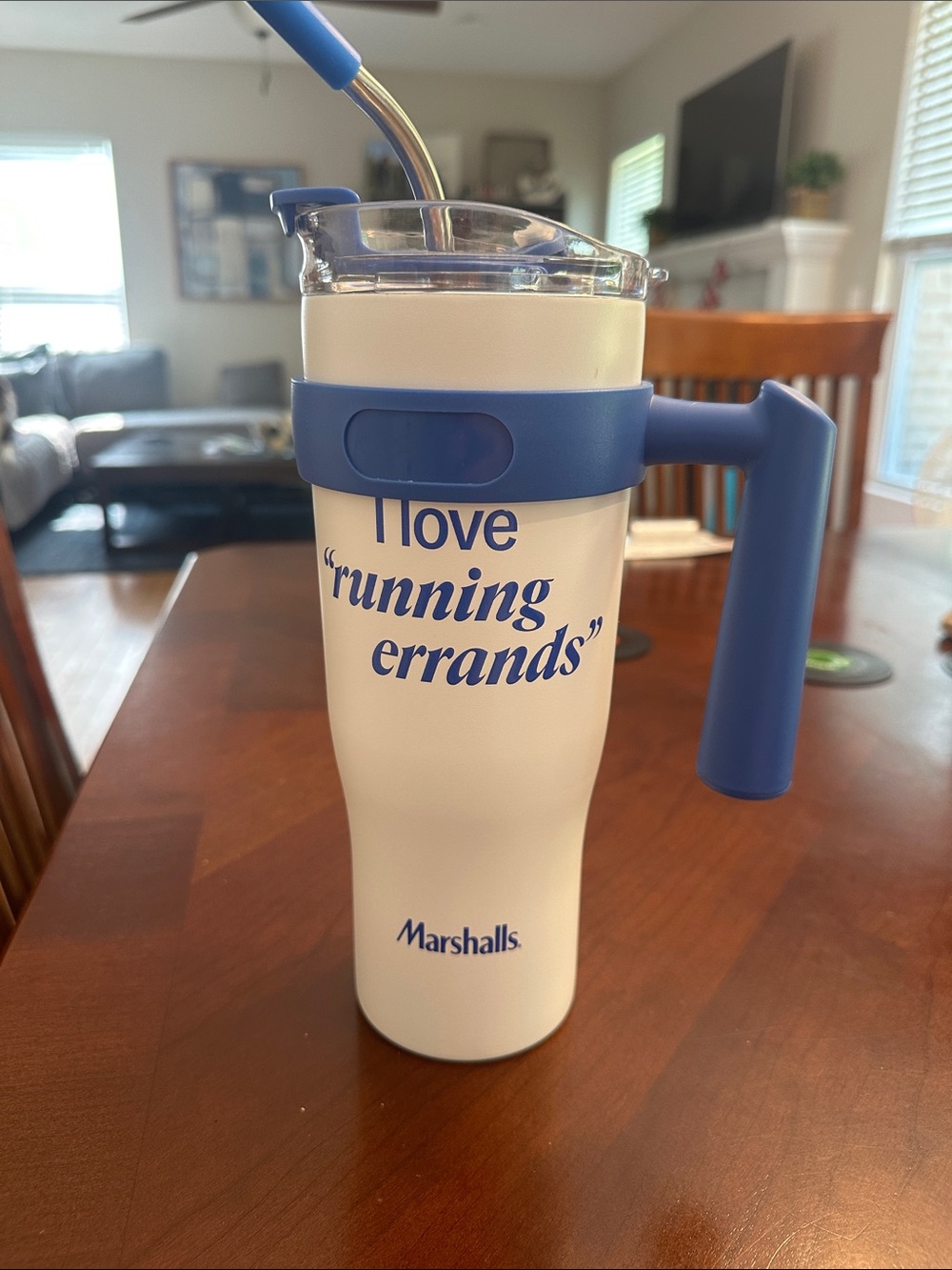 NWT Marshalls White & Blue Travel Mug with Handle and Straw